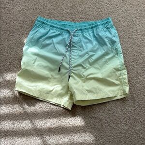 American Eagle Outfitters Teal and Yellow Men's Swim Trunks with mesh lining